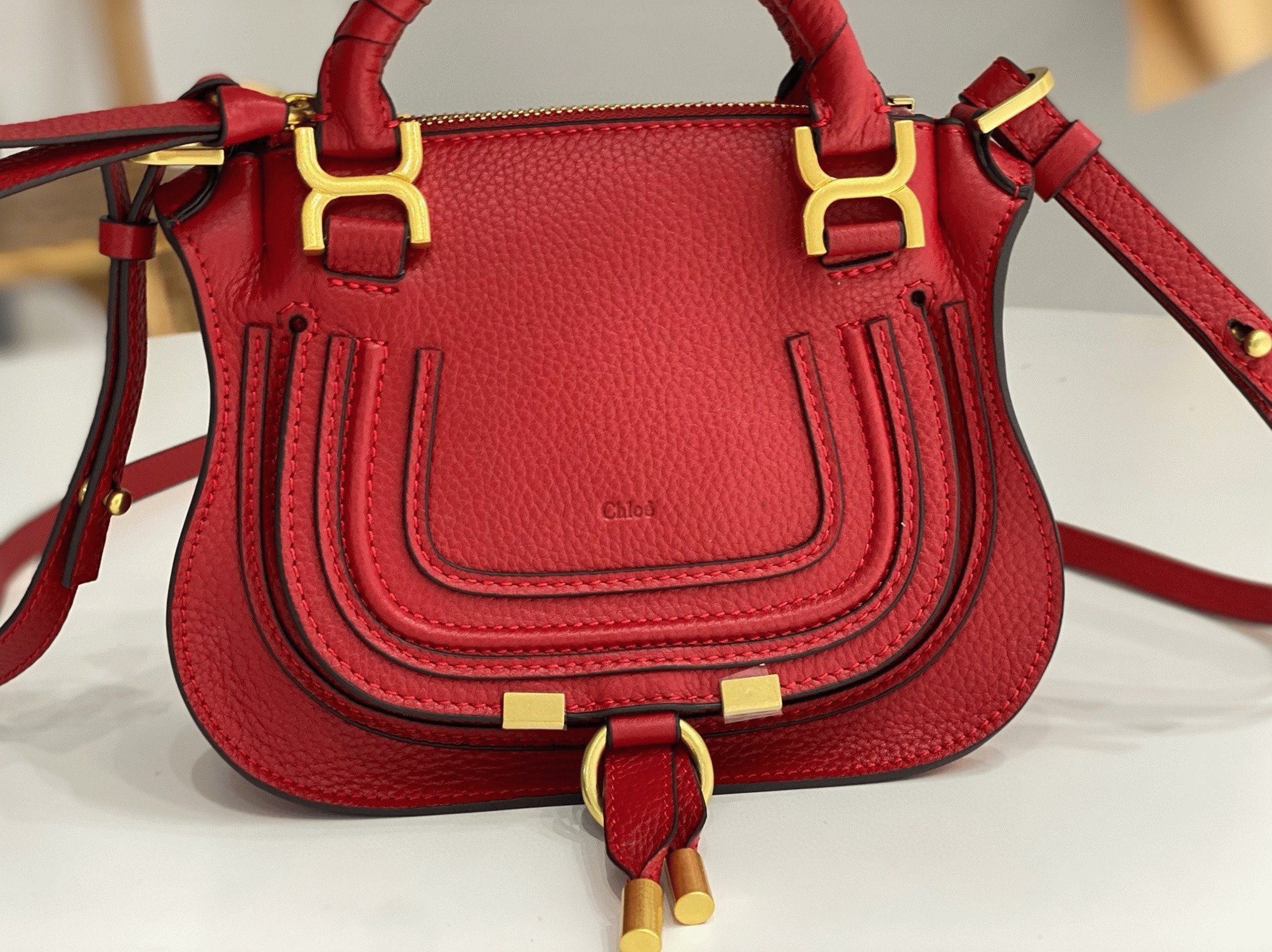 Top Quality Knockoff Chloe Marcie Mini Double Carry Bag in Red Grained Leather