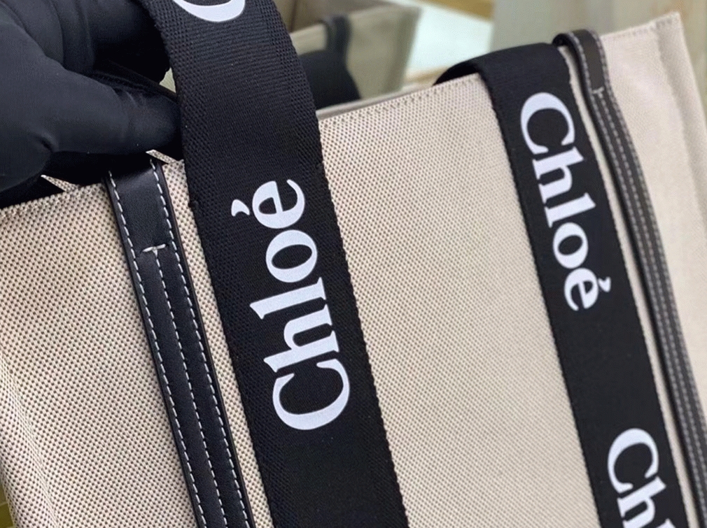 Top Quality Fake Chloe Large Woody Tote Bag in Canvas with Black Leather Strips