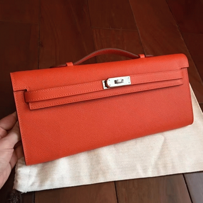 Orange Epsom Knockoff Hermes Kelly Cut Clutch Bold Handbag
