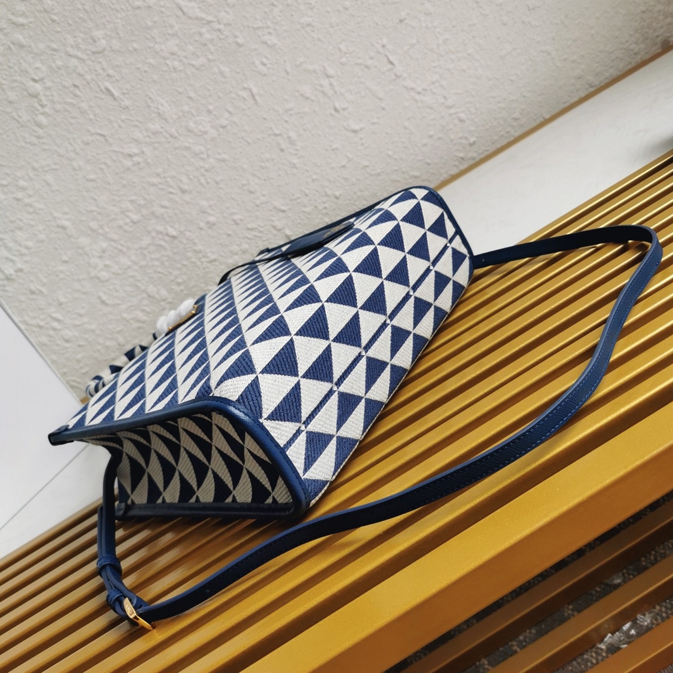Prada Symbole Small Bag Knockoff in White/Blue Jacquard Fabric