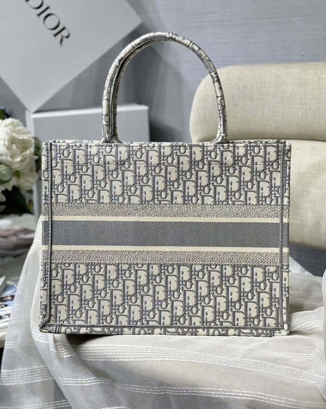 Dior Medium Book Tote Bag Faux in Grey Dior Oblique Embroidery