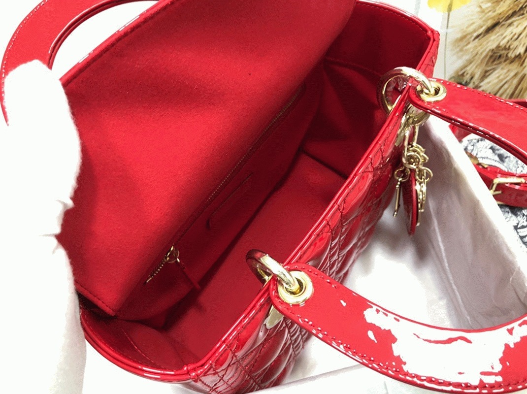 Dior Small Lady Dior Bag Replica in Red Patent Cannage Calfskin