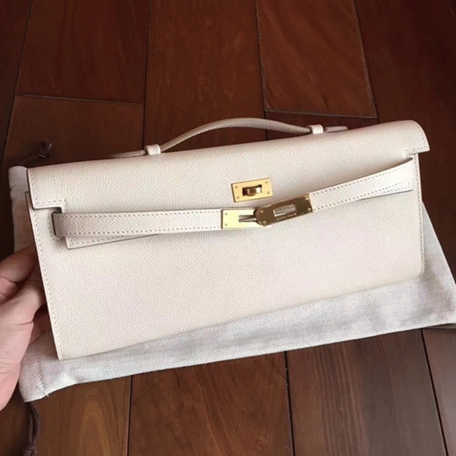 White Epsom Replica Hermes Kelly Cut Clutch Clean Look Bag