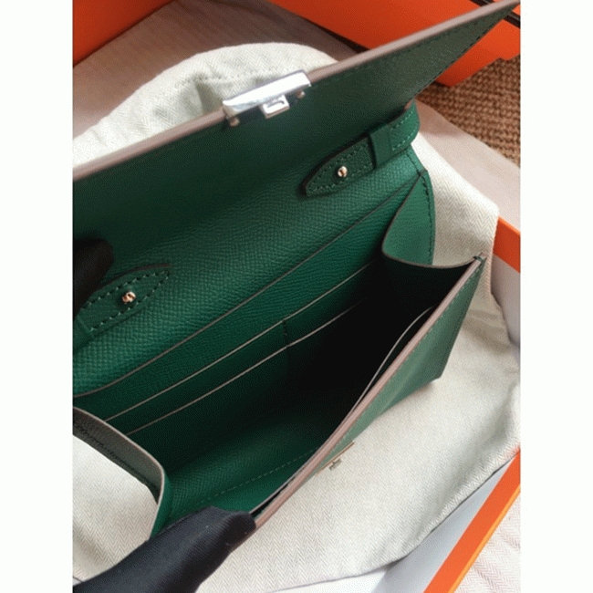 Green fake designer Hermes Clic wallet with strap
