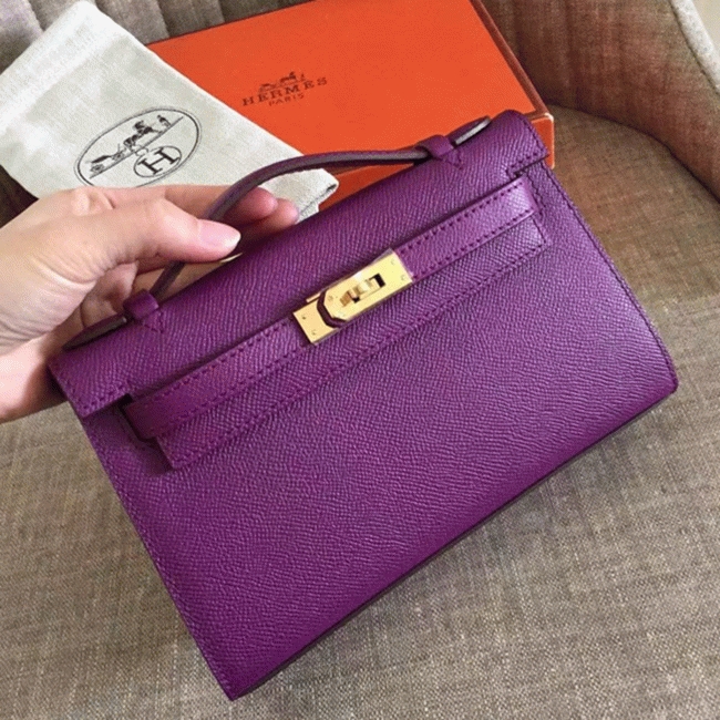 Cyclamen Epsom Knockoff Hermes Kelly Pochette Light Purple Clutch