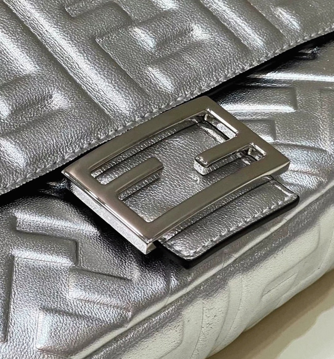 Top Quality Fake Fendi Large Baguette Bag In Silver FF Metallic Leather