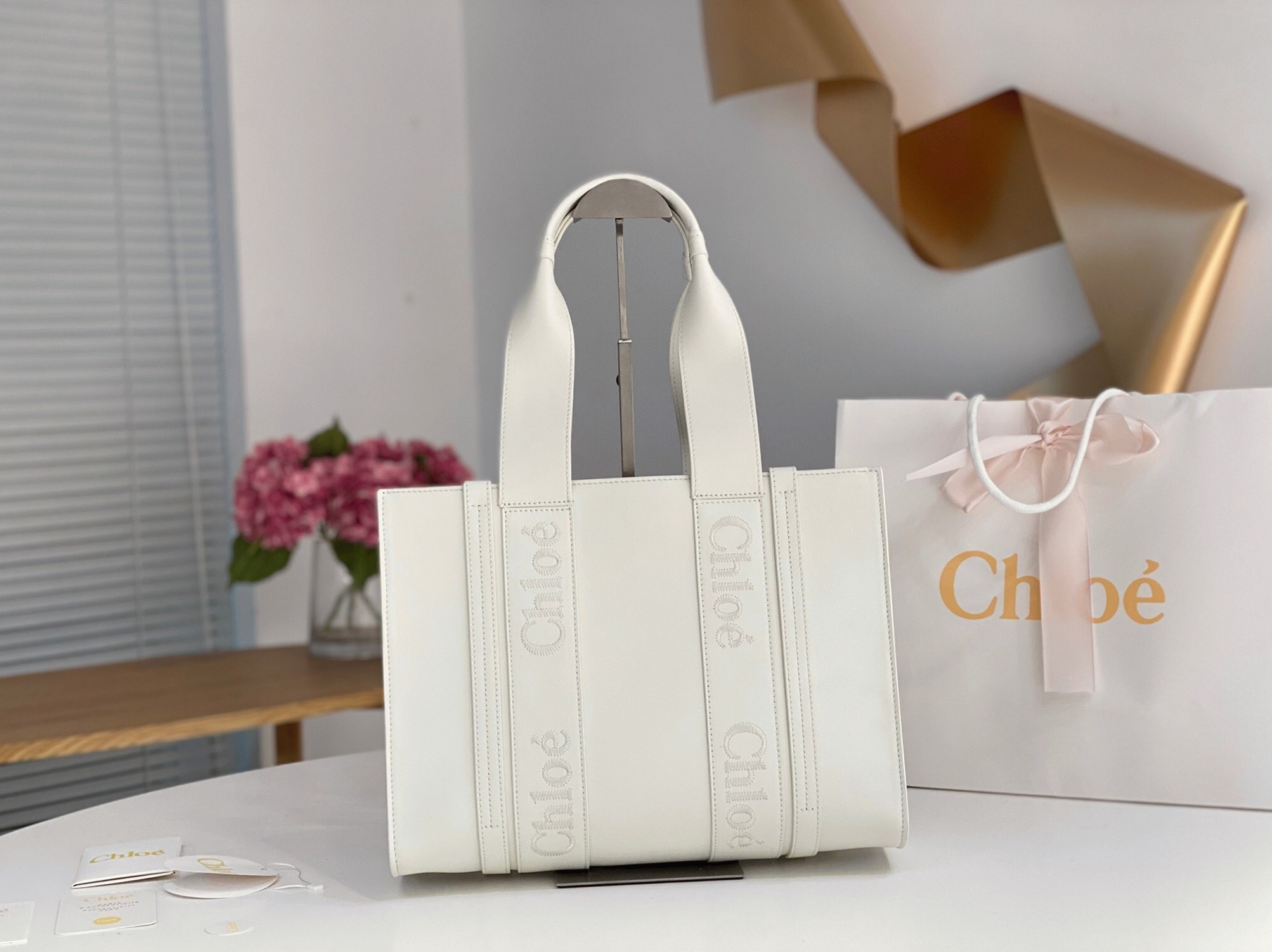 Top Quality Fake Chloe Woody Medium Tote Bag In White Calfskin