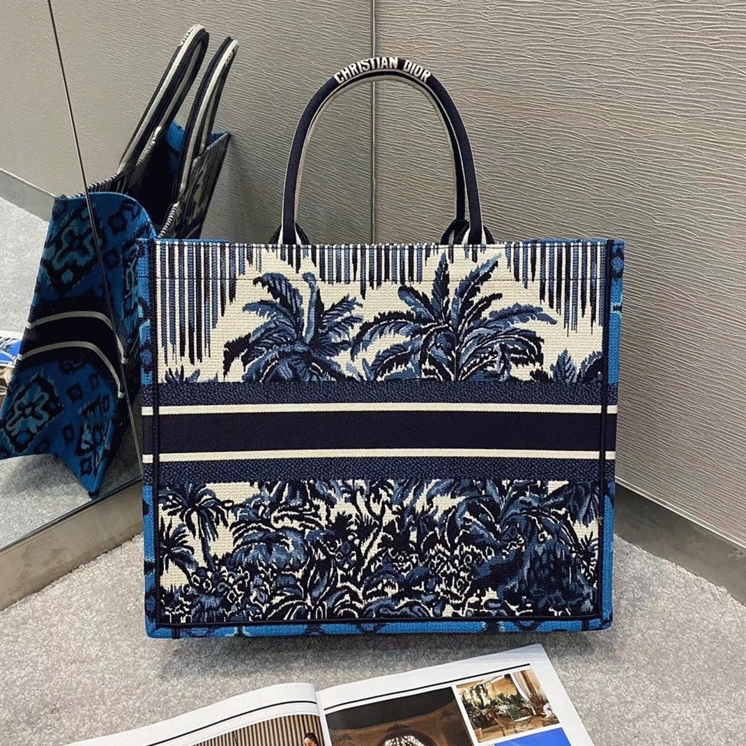Dior Large Book Tote Bag Replica in Blue Dior Palms Embroidery