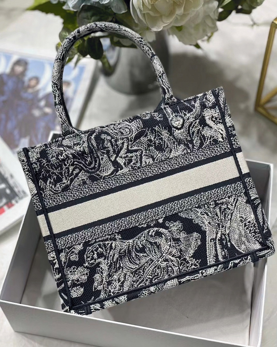 Dior Small Book Tote Bag Knockoff in Blue Toile de Jouy Reverse Embroidery