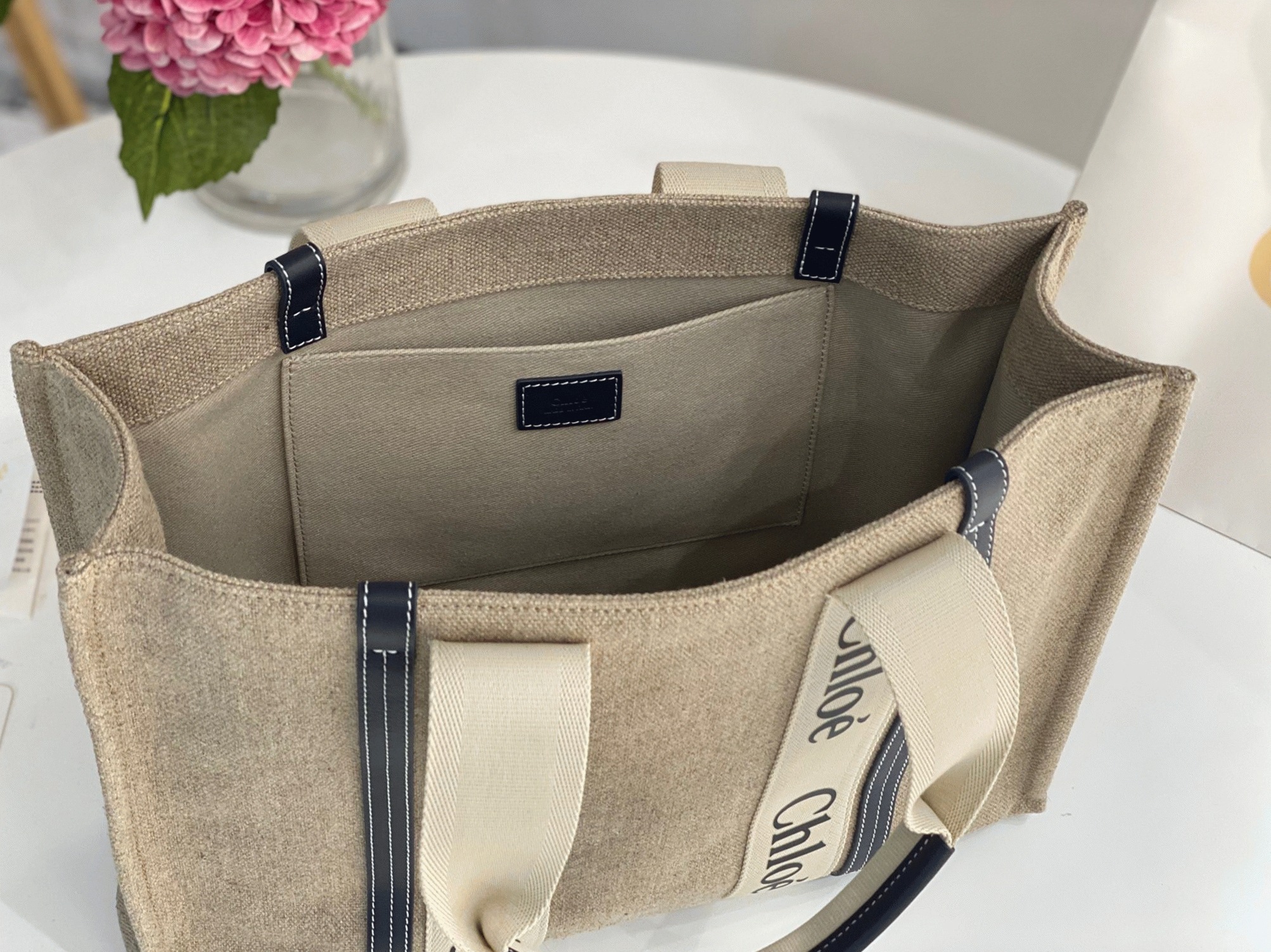 Top Quality Fake Chloe Woody Large Tote Bag in Linen Canvas with Navy Blue Leather