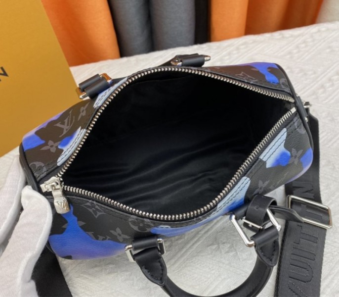 Louis Vuitton Monogram Eclipse Keepall Bandouliere 25 Travel Bag In Blue And Purple Sunrise