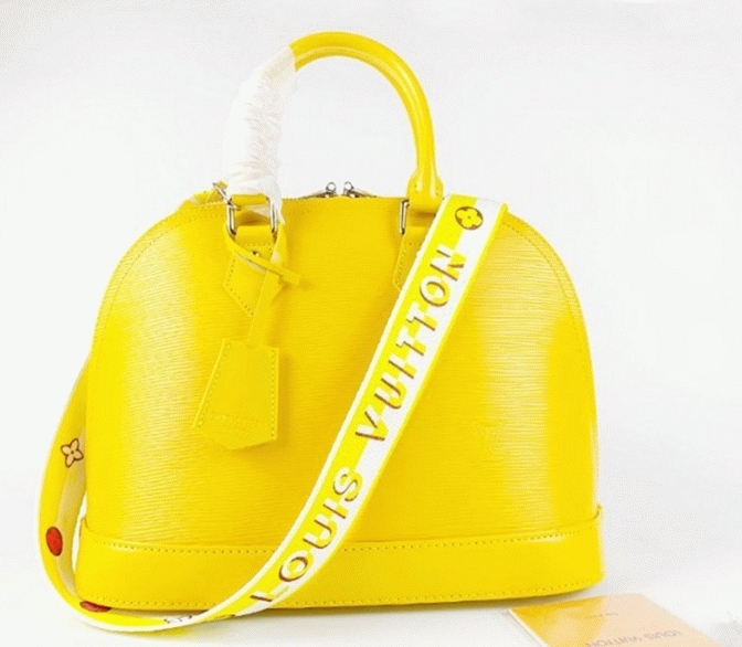 Louis Vuitton Epi Leather Alma PM Handbag In Cedrat Yellow With Jacquard Strap