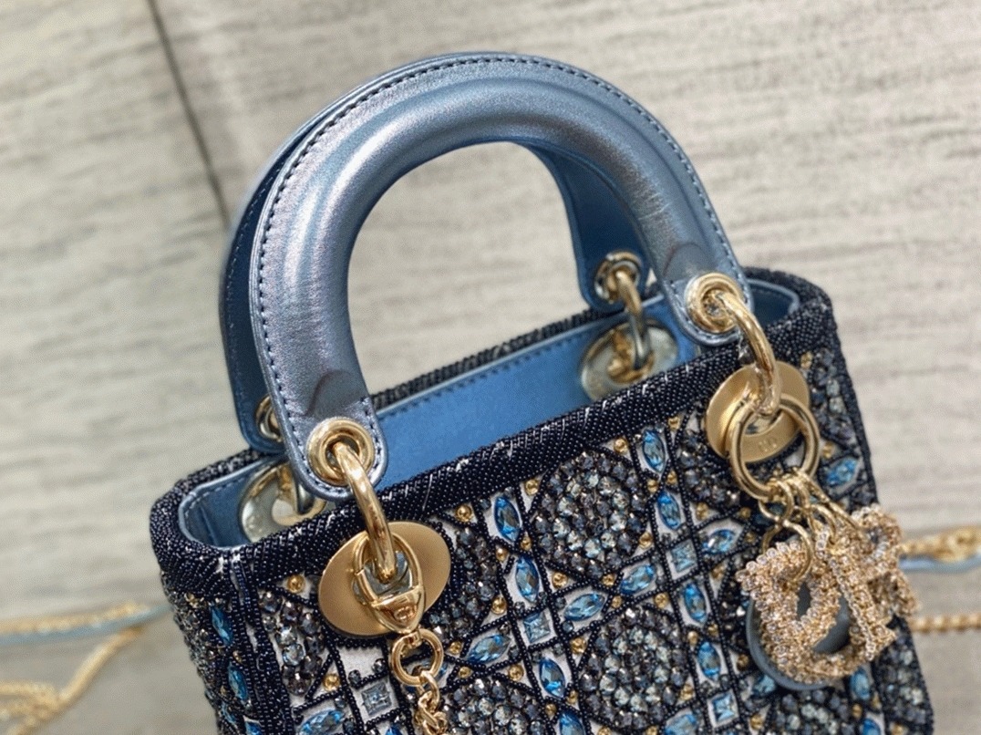 Dior Lady Dior Mini Chain Bag Replica in Satin with Blue Bead Embroidery