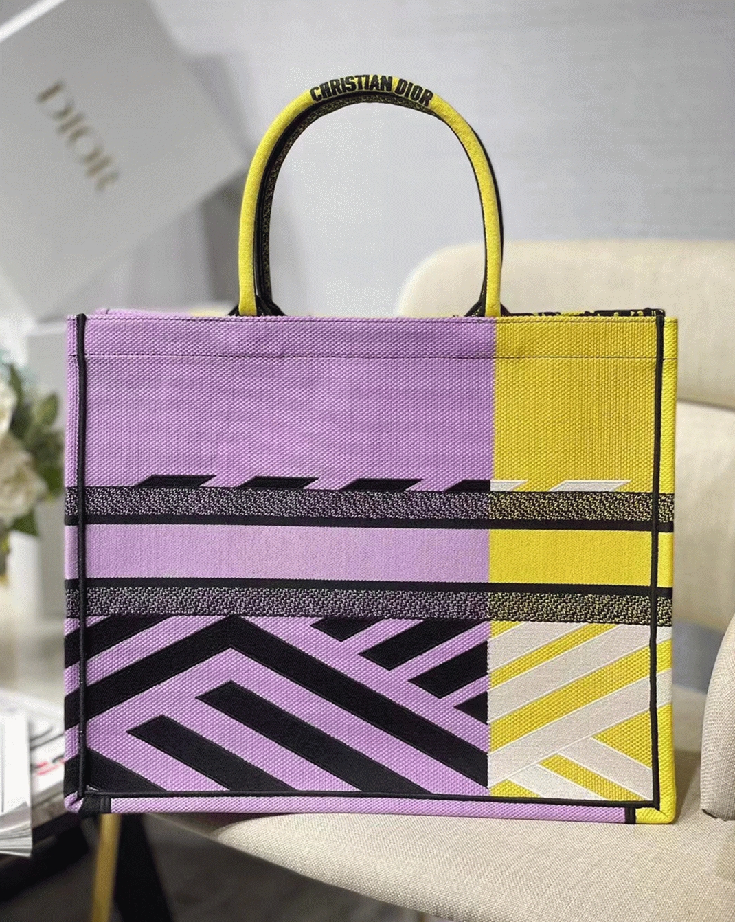 Dior Large Book Tote Bag Faux in Yellow D-Jungle Pop Embroidery
