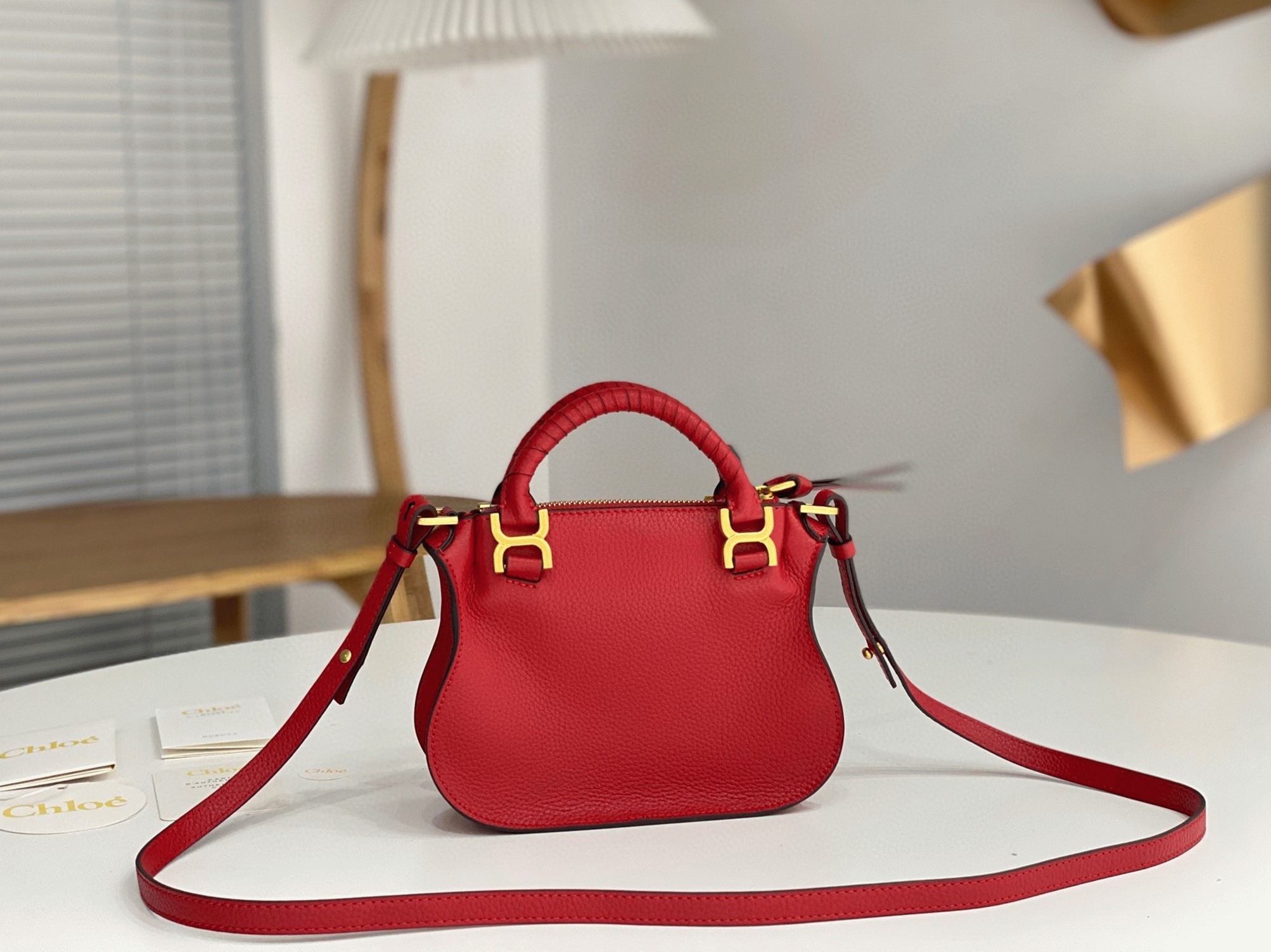 Top Quality Knockoff Chloe Marcie Mini Double Carry Bag in Red Grained Leather