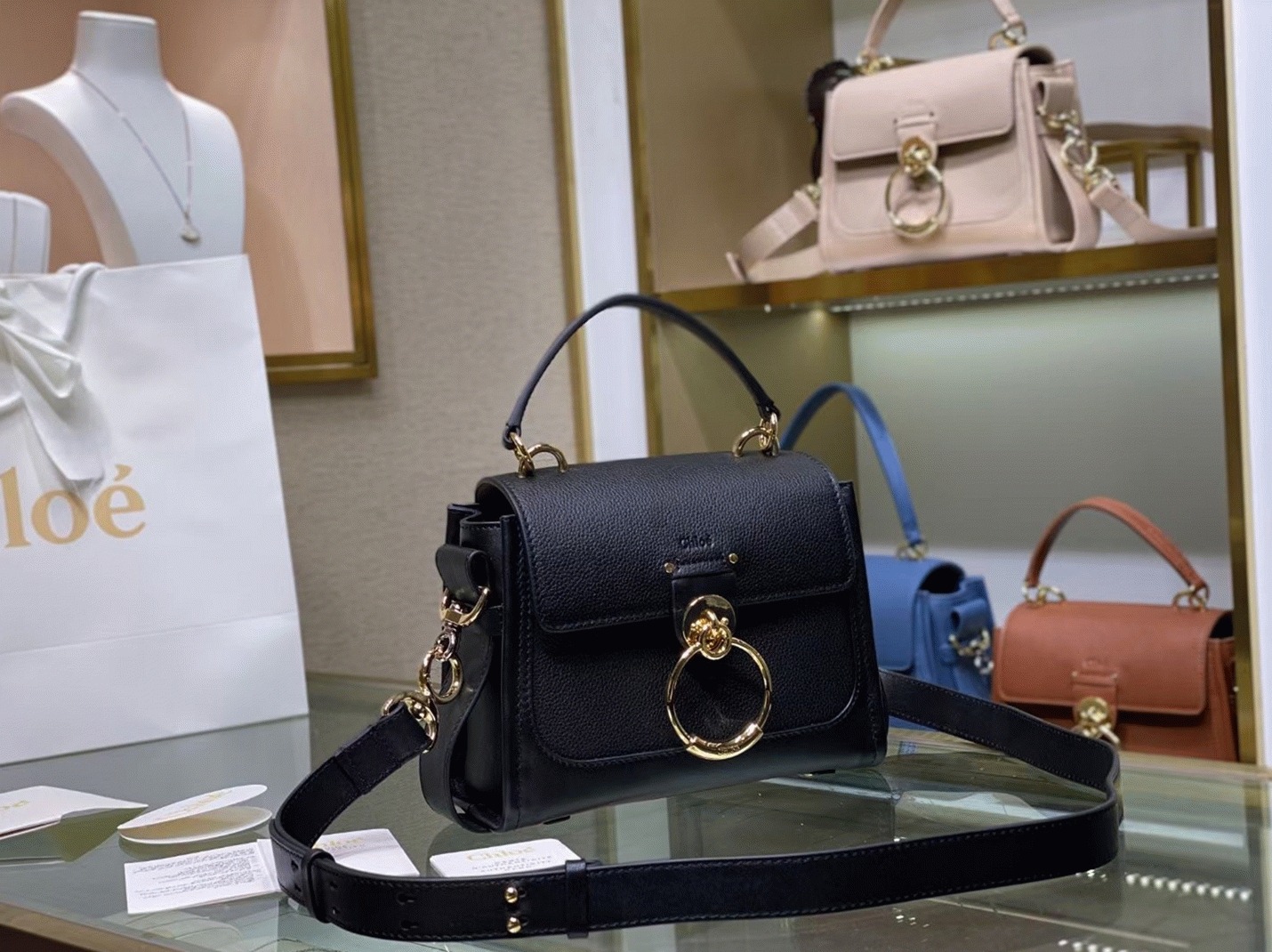 Top Quality Replica Chloe Mini Tess Day Bag In Black Grained Leather