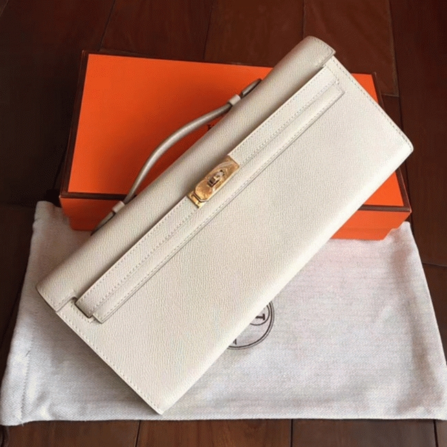 White Epsom Replica Hermes Kelly Cut Clutch Clean Look Bag