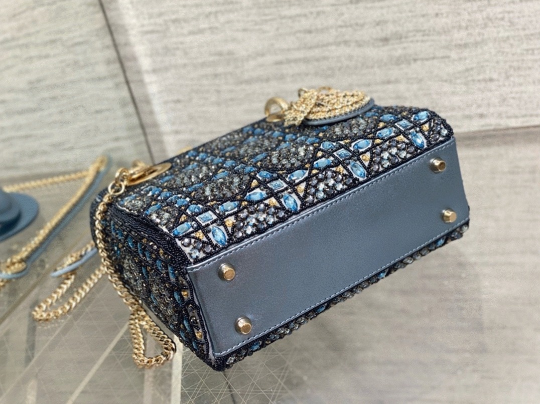 Dior Lady Dior Mini Chain Bag Replica in Satin with Blue Bead Embroidery