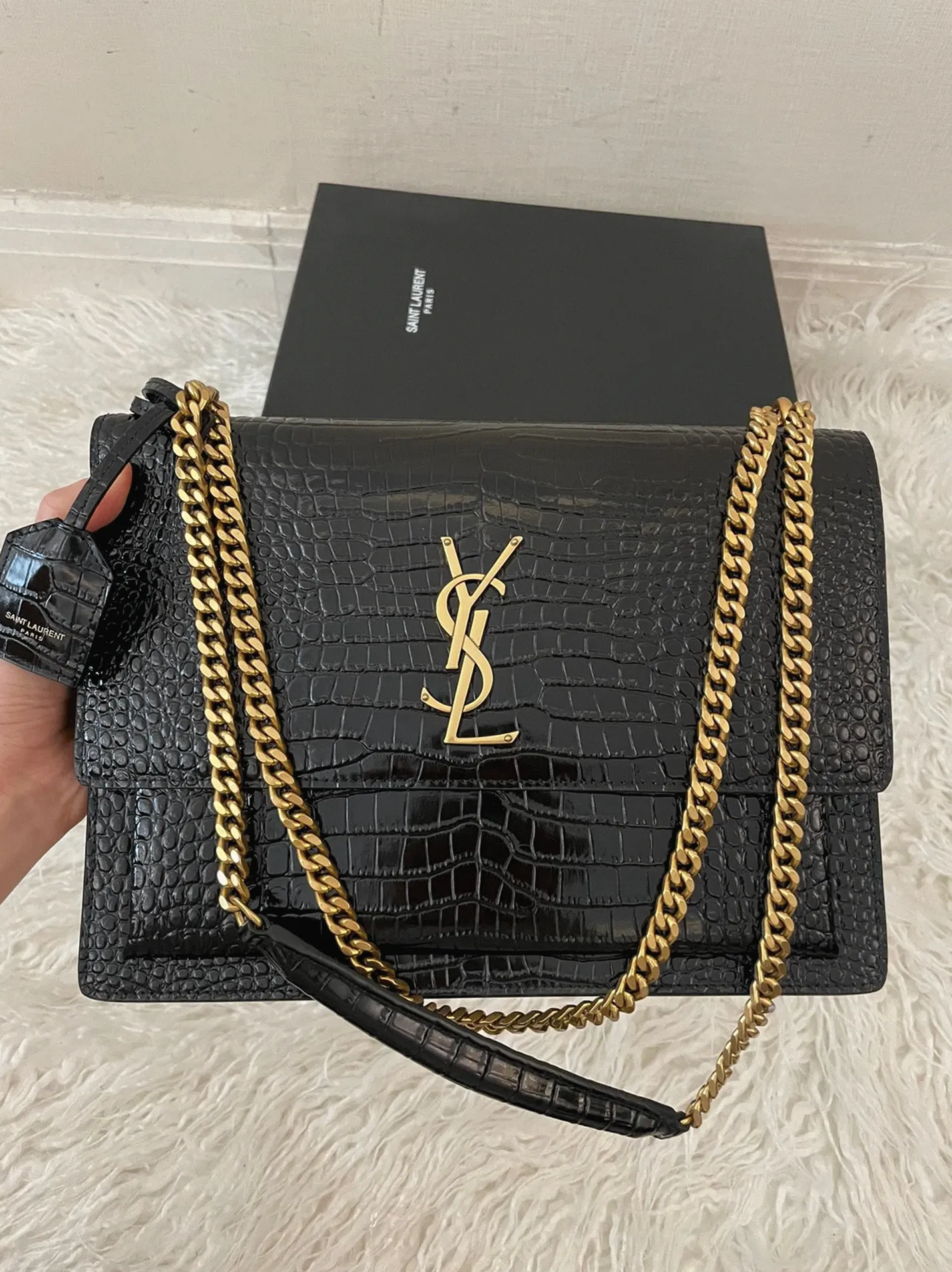 Black Croc-Embossed Leather YSL Sunset Medium Chain Replica Bag