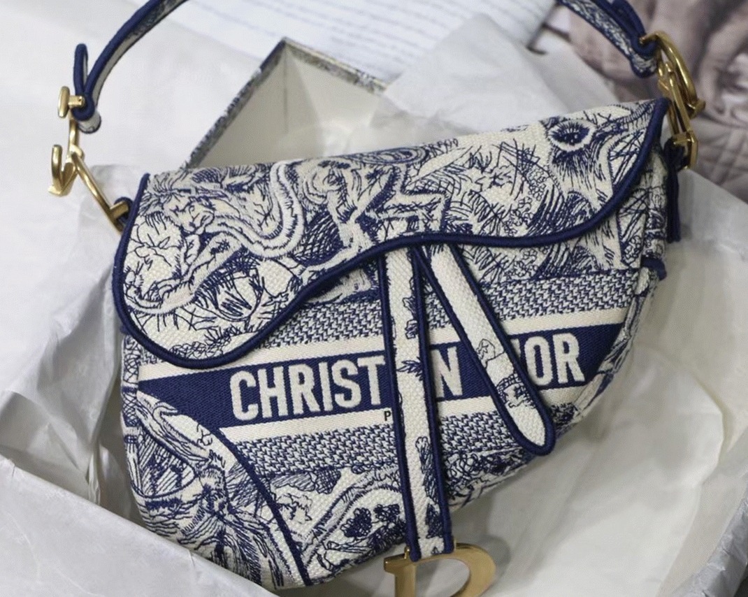Dior Saddle Bag Replica in Blue Toile de Jouy Embroidery