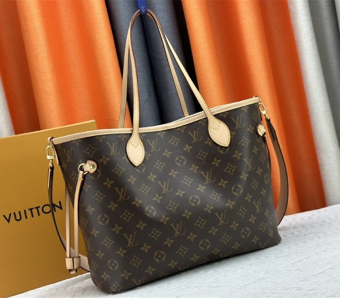 Louis Vuitton Neverfull Bandouliere Inside Out MM Tote In Monogram Canvas And Stamped Beige Textile