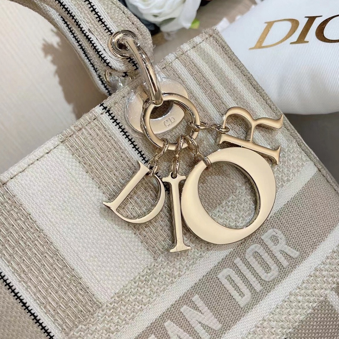 Dior Lady D-Lite Medium Bag Knockoff in Beige Stripes Embroidery