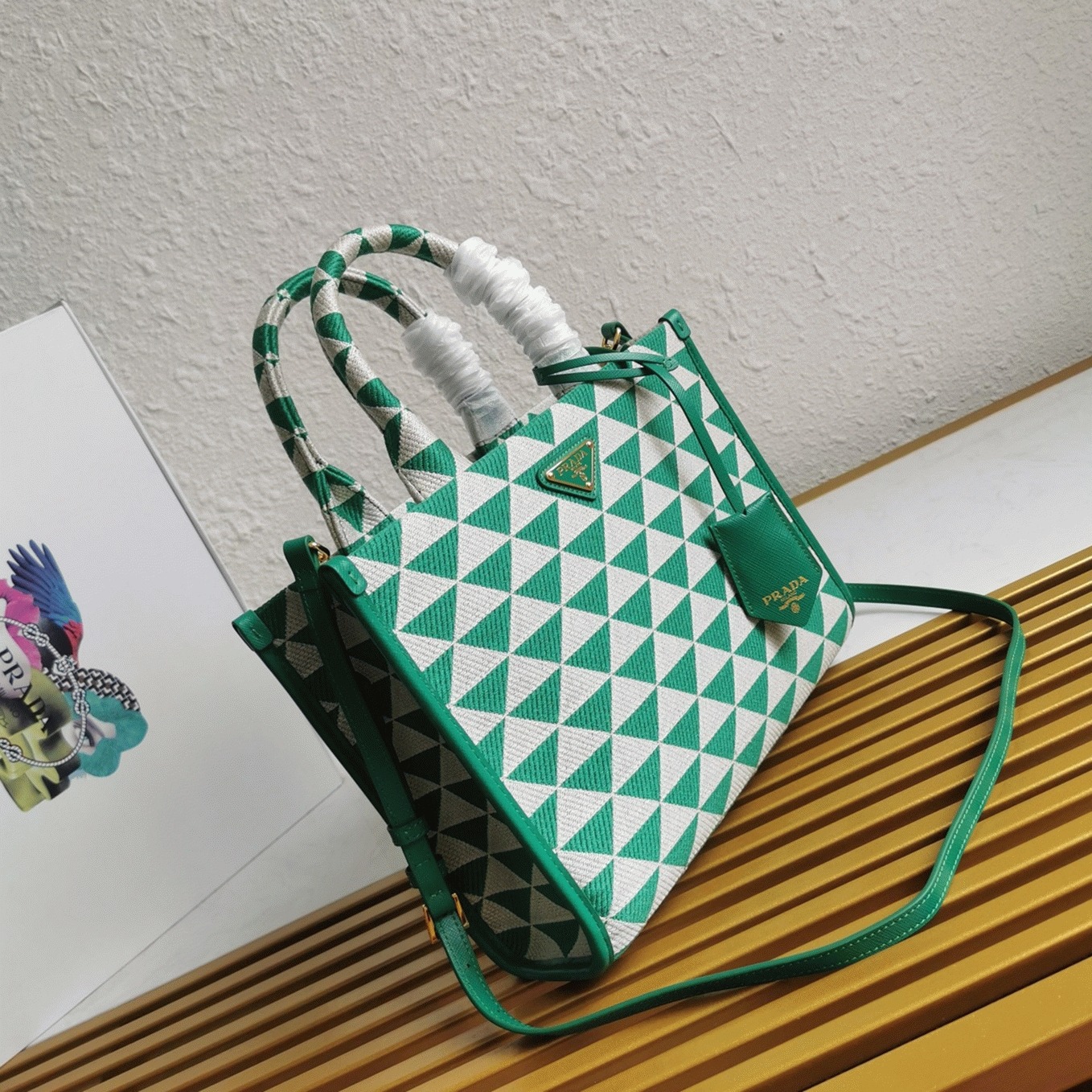 Prada Symbole Small Bag Replica in Green/White Jacquard Fabric