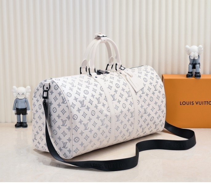 LV Monogram Shadow Keepall Bandouliere 50 In White