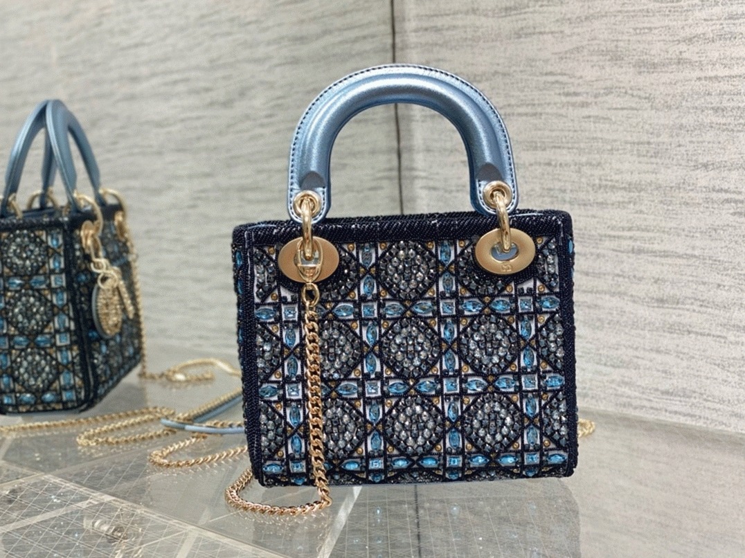 Dior Lady Dior Mini Chain Bag Replica in Satin with Blue Bead Embroidery