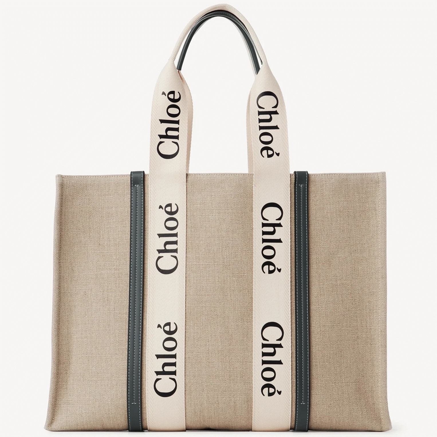Top Quality Fake Chloe Woody Large Tote Bag in Linen Canvas with Navy Blue Leather