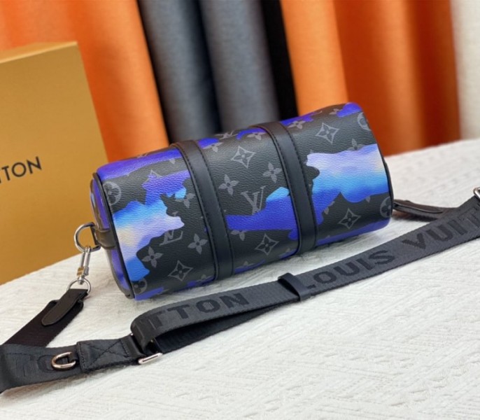 Louis Vuitton Monogram Eclipse Keepall Bandouliere 25 Travel Bag In Blue And Purple Sunrise