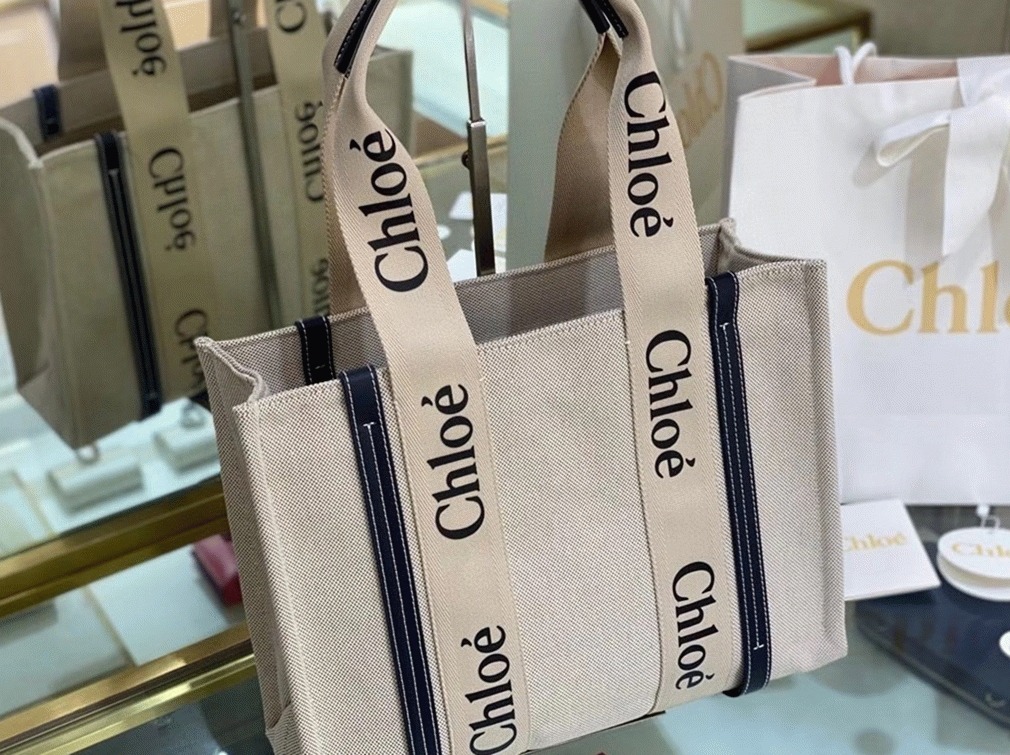 Top Quality Knockoff Chloe Medium Woody Tote Bag in Canvas with Blue Leather Strips