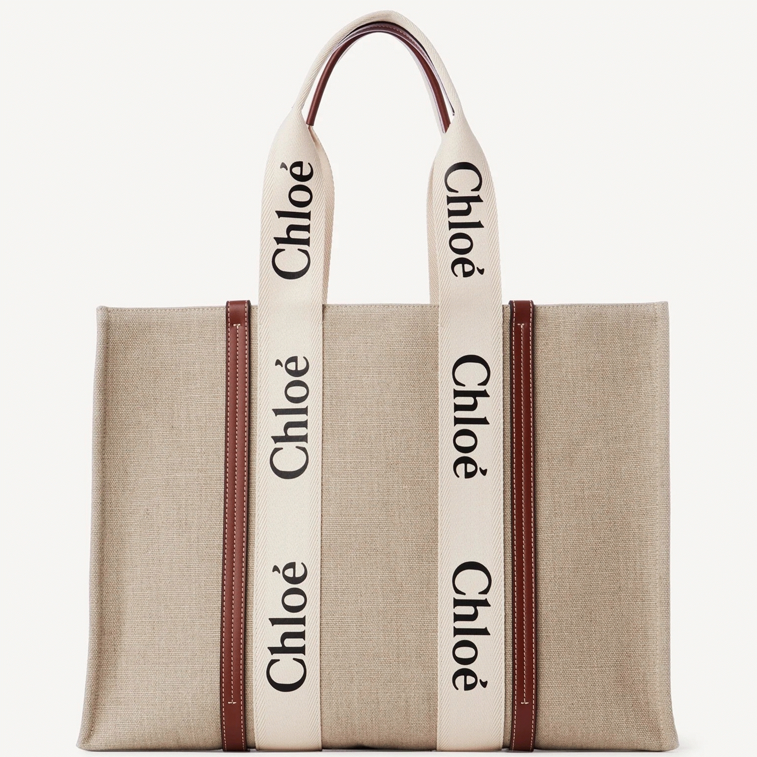 Top Quality Fake Chloe Medium Woody Tote Bag in Canvas with Tan Leather Strips