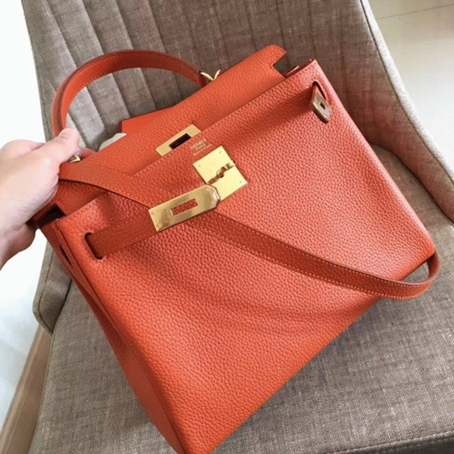 Orange Clemence Fake Hermes Kelly Retourne 28cm Signature Purse