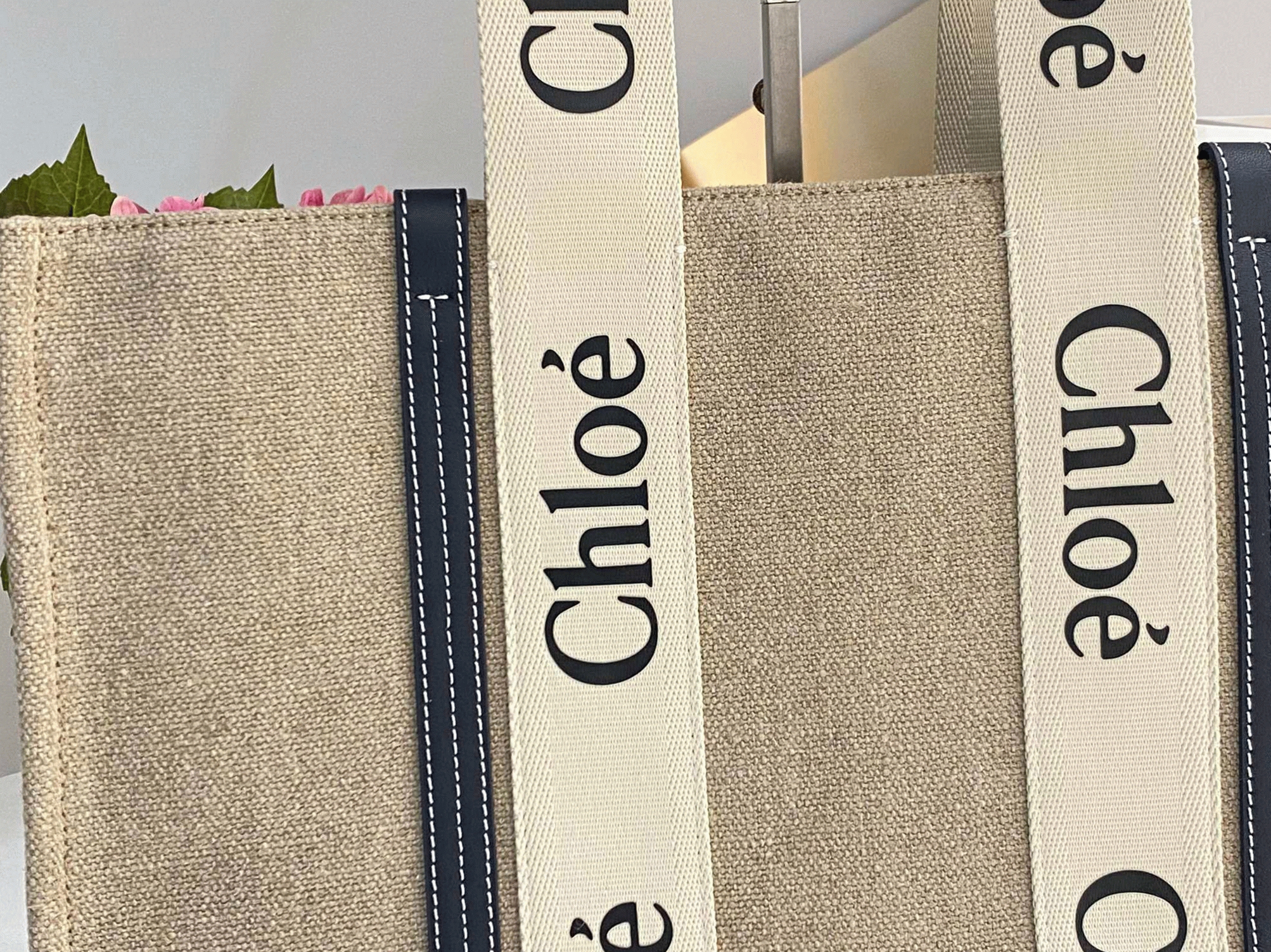 Top Quality Fake Chloe Woody Large Tote Bag in Linen Canvas with Navy Blue Leather