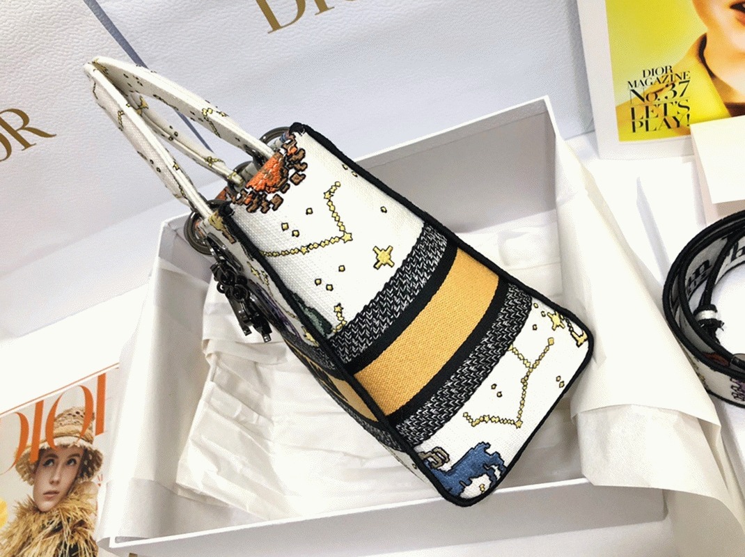 Dior Lady D-Lite Medium Bag Fake in White Pixel Zodiac Embroidery