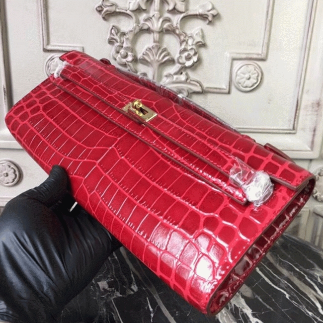 Red Crocodile Copy Hermes Kelly Cut Clutch Exotic Luxury Bag