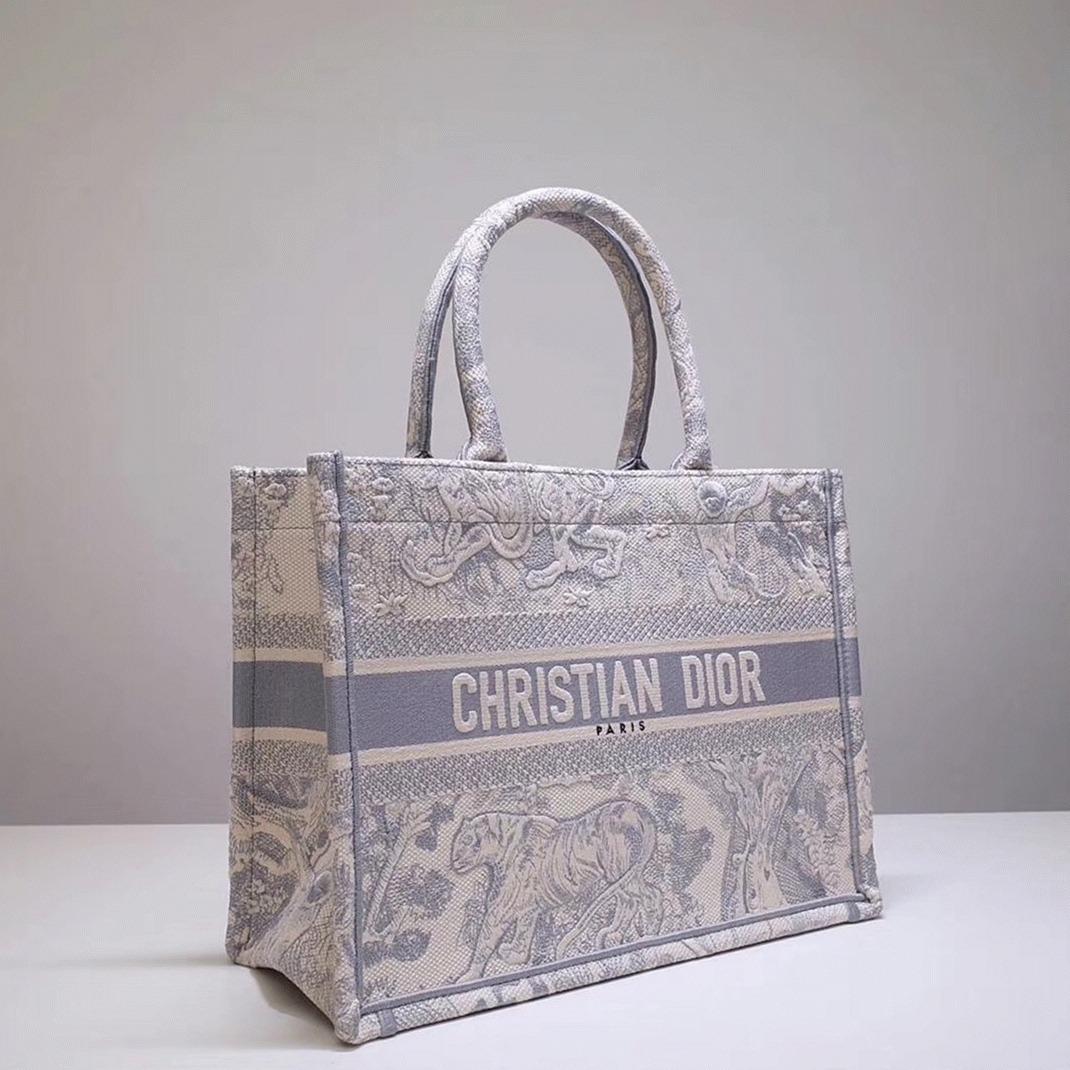 Dior Medium Book Tote Bag Fake in Grey Toile De Jouy Embroidery
