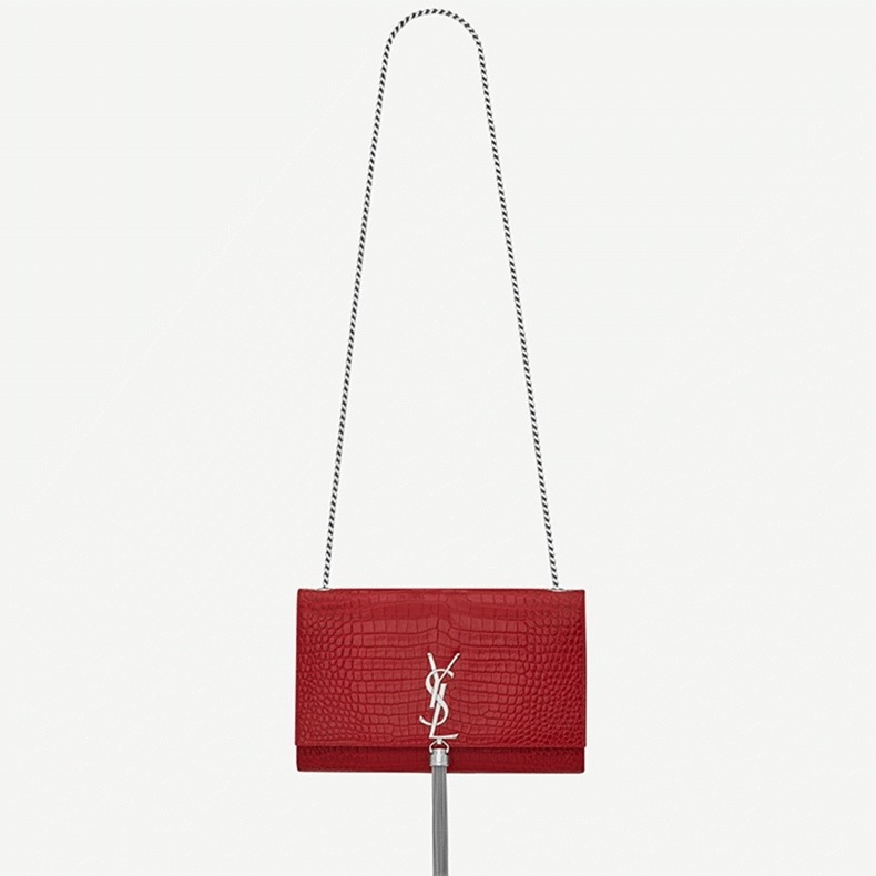 Fake Saint Laurent Kate Medium Tassel Bag Red Crocodile-embossed Leather