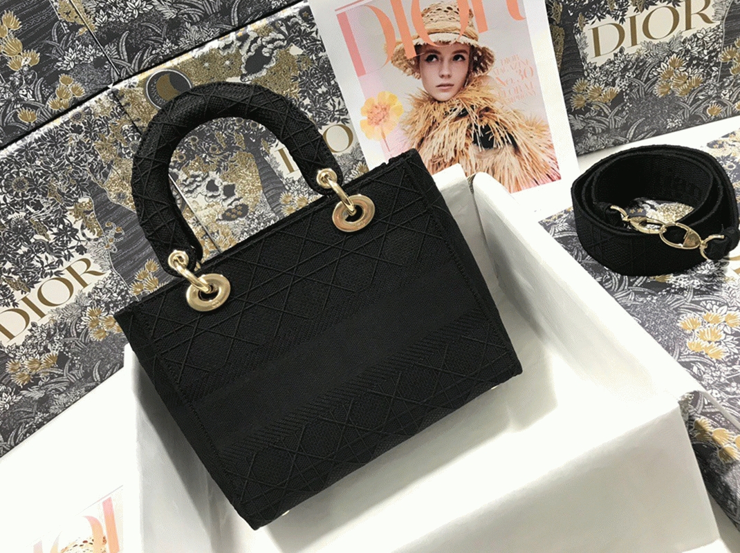 Dior Lady D-Lite Medium Bag Replica in Black Cannage Embroidered Canvas