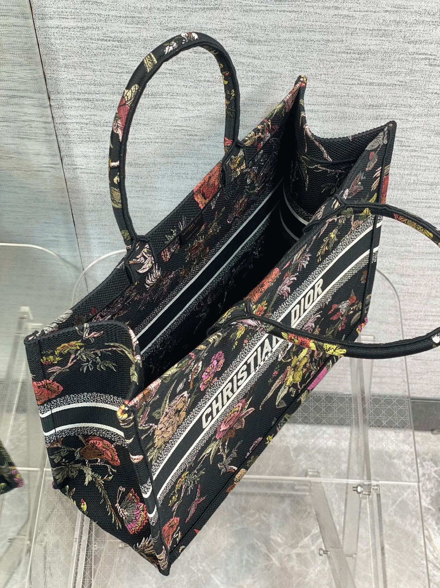 Dior Large Book Tote Bag Faux in Black Jardin Botanique Embroidery