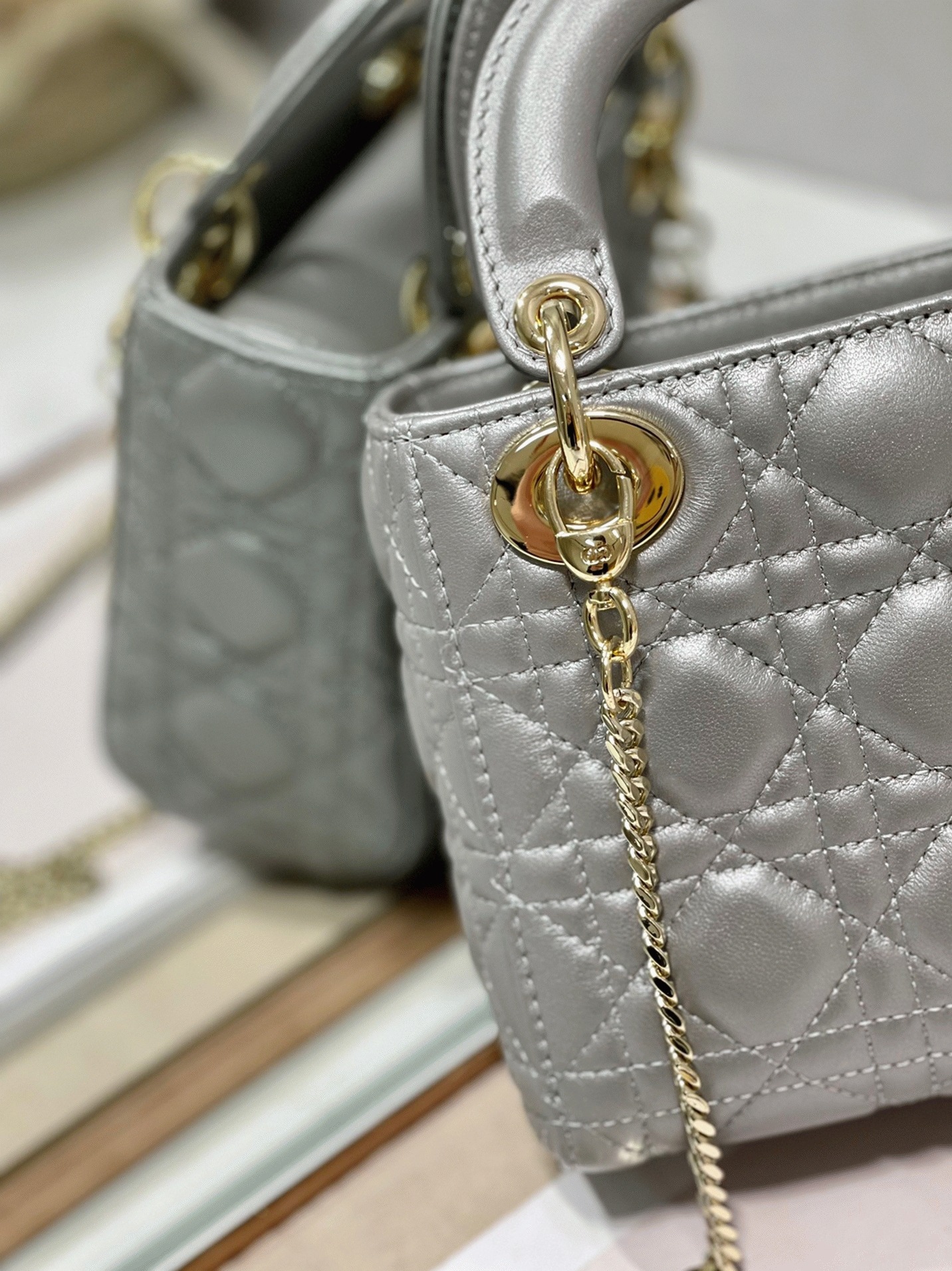Dior Lady Dior Mini Chain Bag Replica in Grey Pearlescent Lambskin