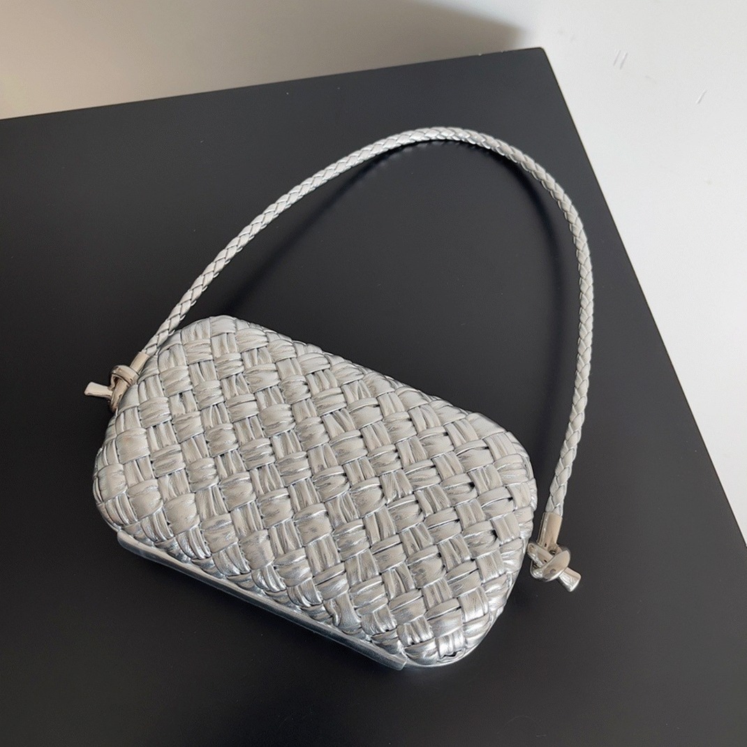 Fake Bottega Veneta Knot Minaudiere On Strap Silver Intreccio Laminated Leather