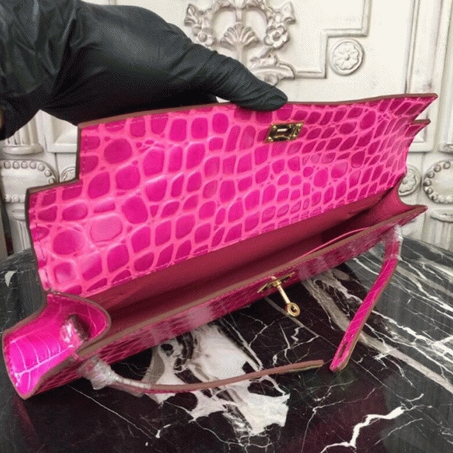 Rose Red Crocodile Replica Hermes Kelly Cut Clutch Elegant Accent Bag