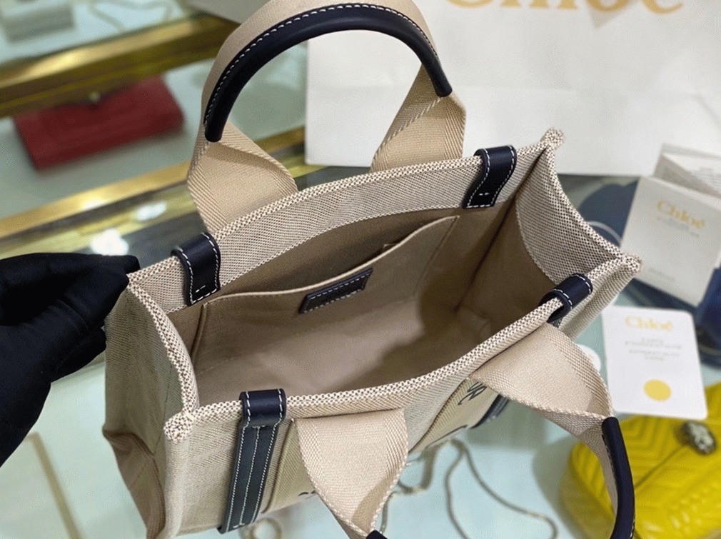 Top Quality Fake Chloe Small Woody Tote Bag in Canvas with Blue Leather Strips