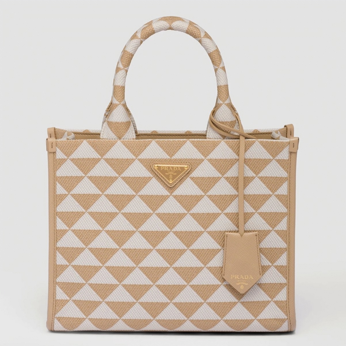 Prada Symbole Small Bag Fake in Beige/White Jacquard Fabric