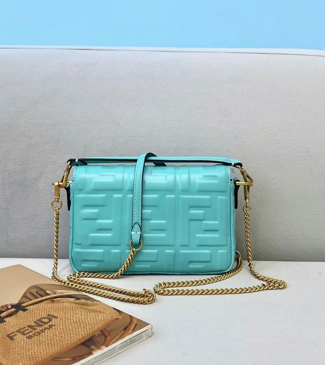Top Quality Fake Fendi Small Baguette Bag In Blue FF