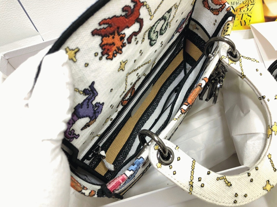 Dior Lady D-Lite Medium Bag Fake in White Pixel Zodiac Embroidery
