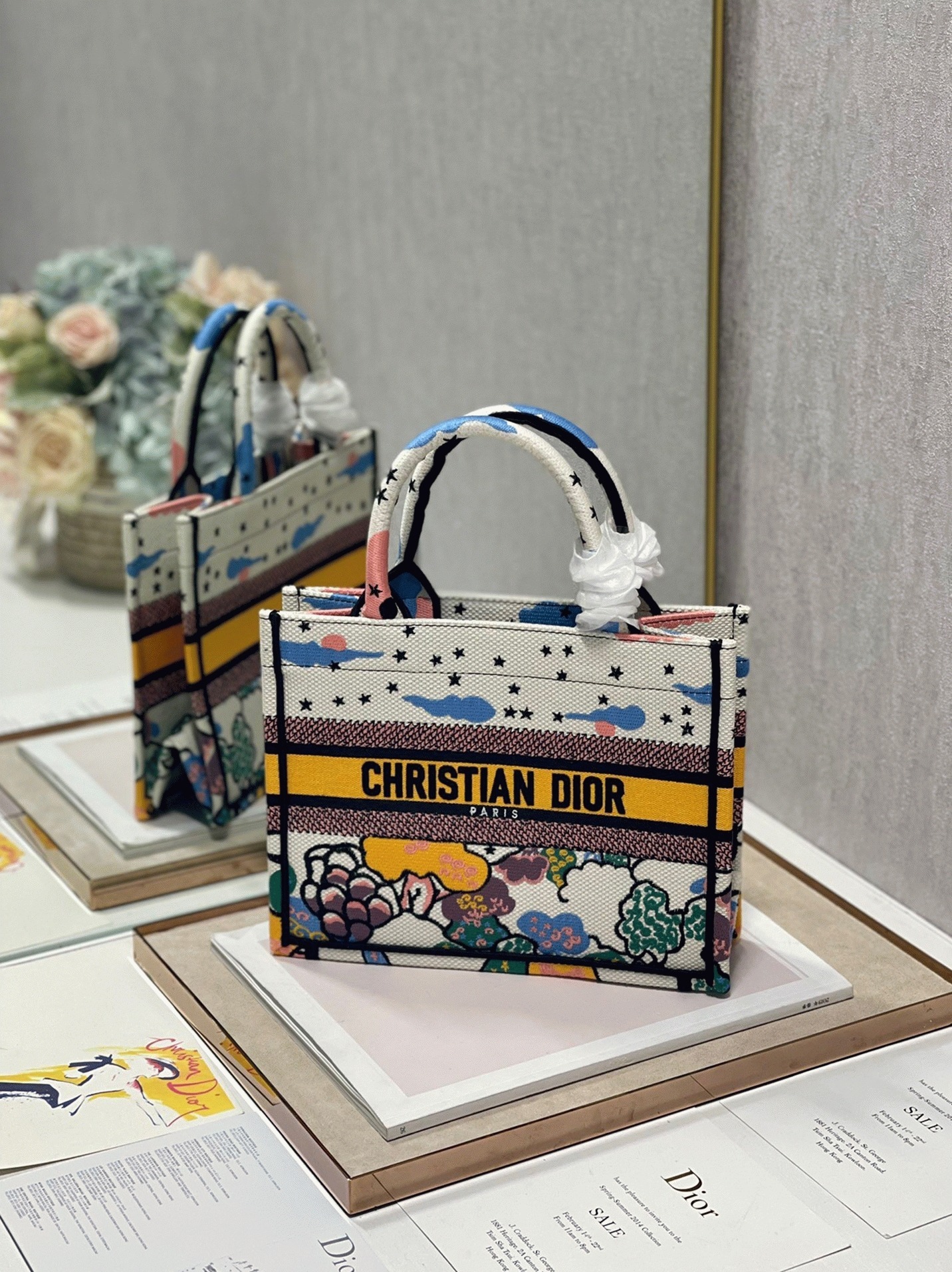Dior Large Book Tote Bag Faux in White Pixel Zodiac Embroidery