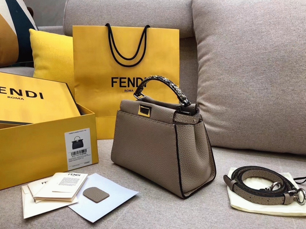 Top Quality Knockoff Fendi Peekaboo Mini Selleria Grey Bag with Python Leather Handle